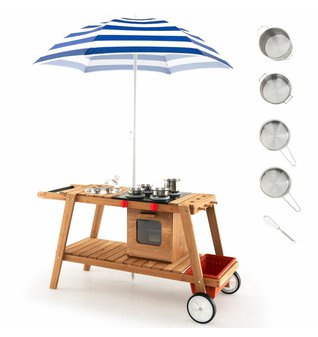 Venkovní dřevěná dětská kuchyňka  se slunečníkem a kolečky - modrá
